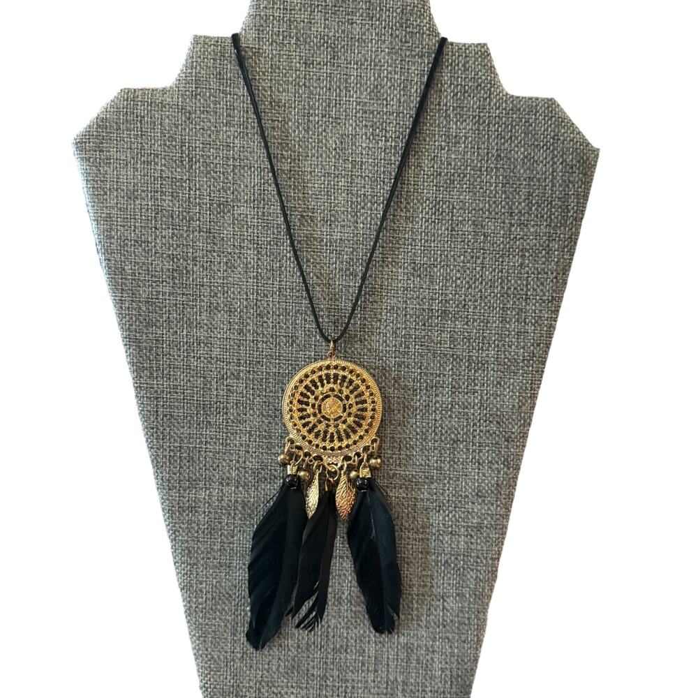 Black Feather Yellow Crystal Boho Gold Dreamcatcher Necklace
